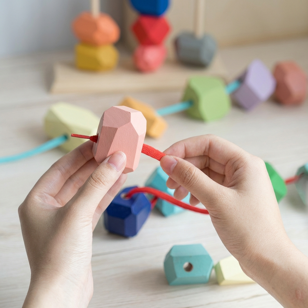 Kind fädelt bunte Holzbausteine mit dem Montessori Fädelspiel